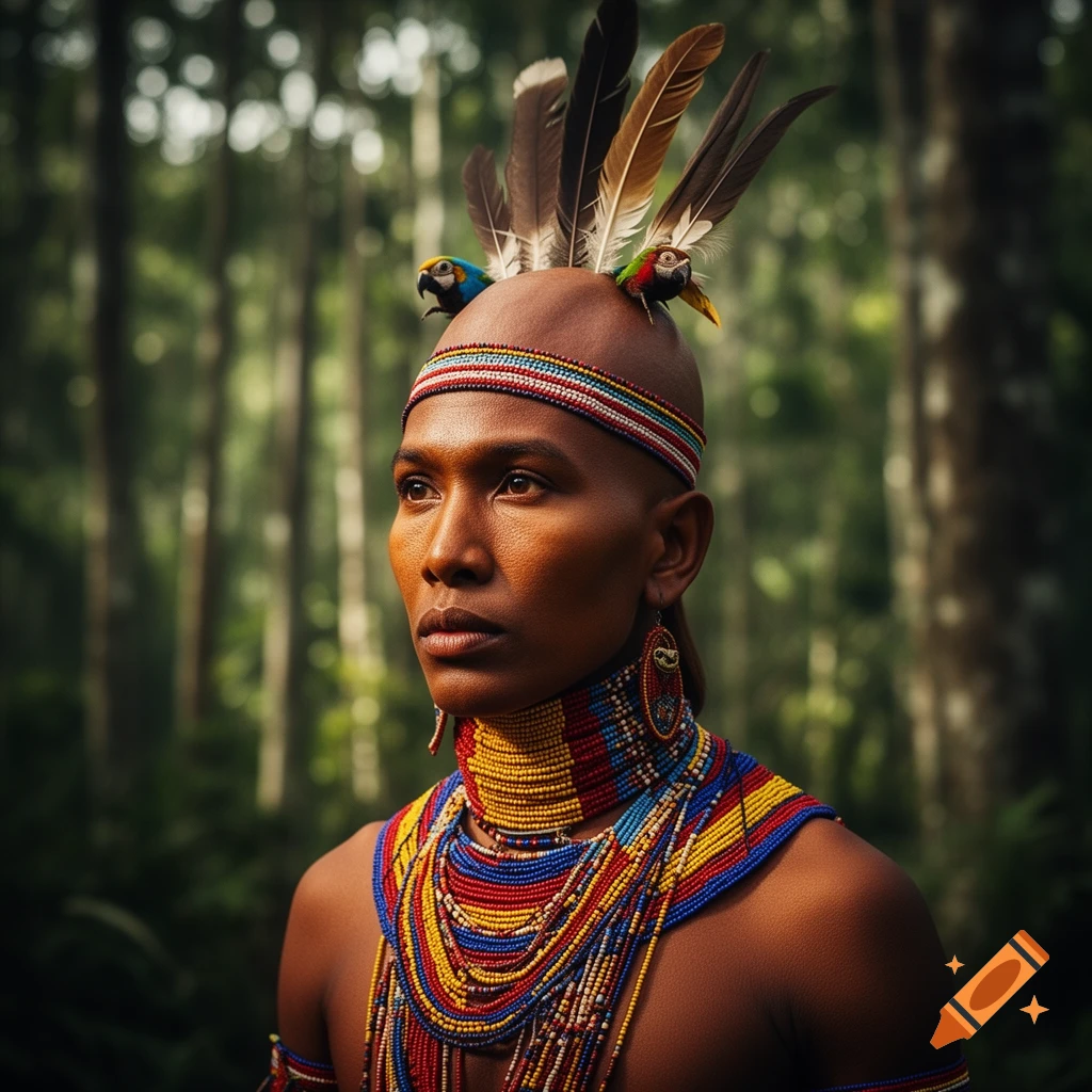A person with dark skin wears a colorful beaded headband, necklaces, and feather headdress with small bird ornaments, looking intently to the left against a blurred forest background.