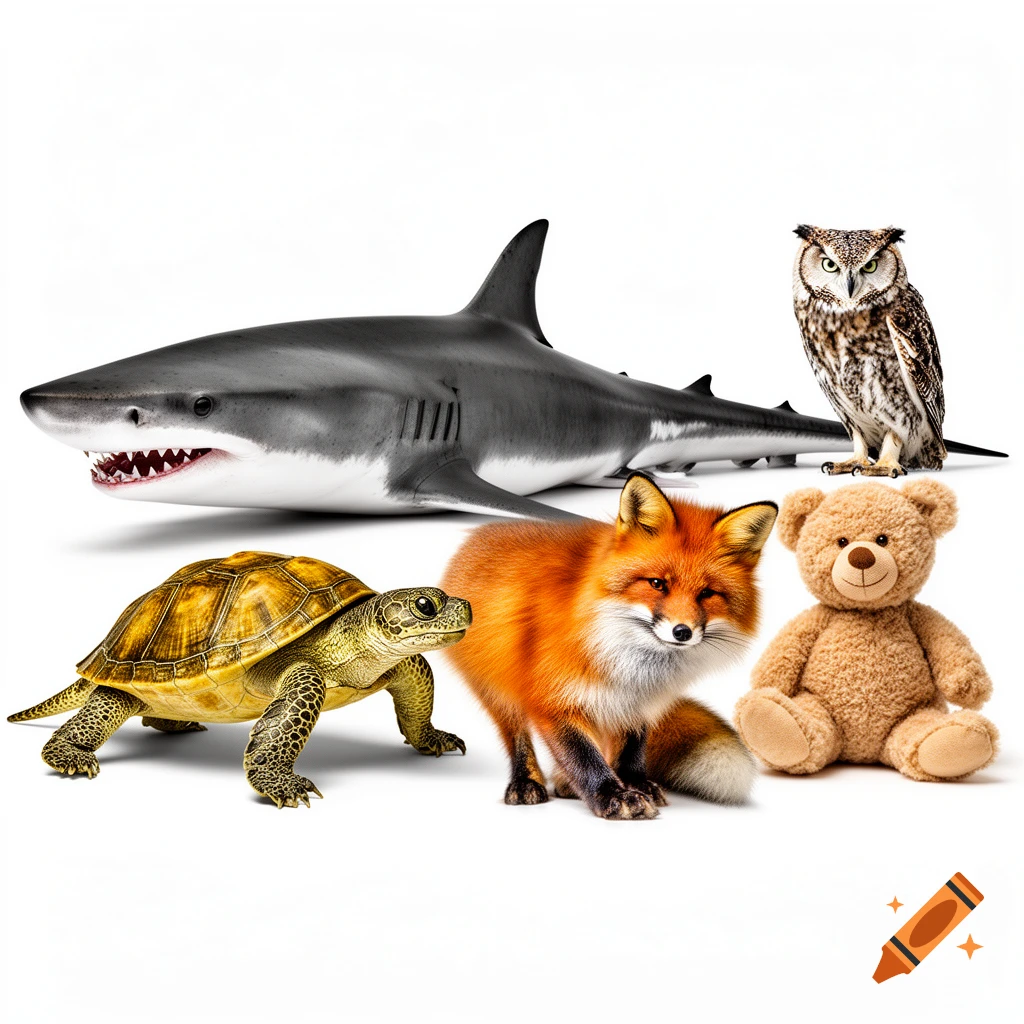 A photorealistic shark, turtle, fox, owl, and a teddy bear are arranged on a white background.