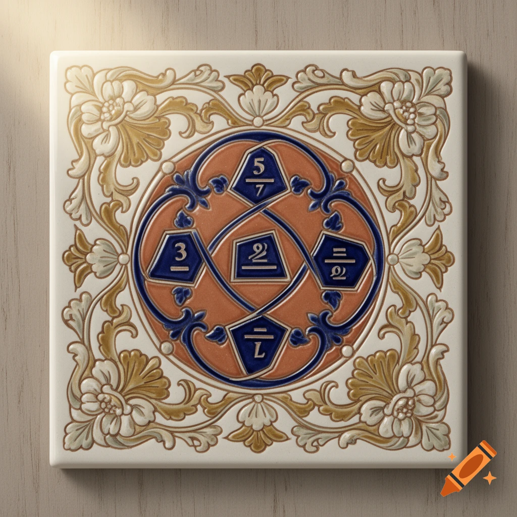 An ornate decorative tile with a cream background, featuring gold and blue floral scrollwork around a central burnt orange circle. The circle contains blue octagonal shapes with silver borders, each displaying a mathematical fraction or symbol like "5/7", "3", and "2" with other illegible characters.