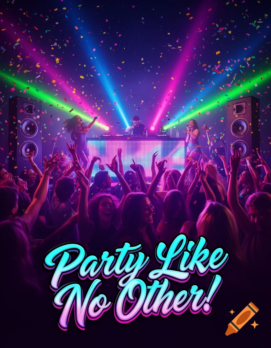 A vibrant night club scene with a DJ, performers, and a dancing crowd under colorful spotlights and falling confetti. Text reads 'Party Like No Other!'