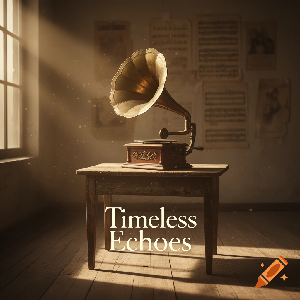 A vintage phonograph on a wooden table in a sunlit room with old sheet music on the wall. Text reads 'Timeless Echoes'.