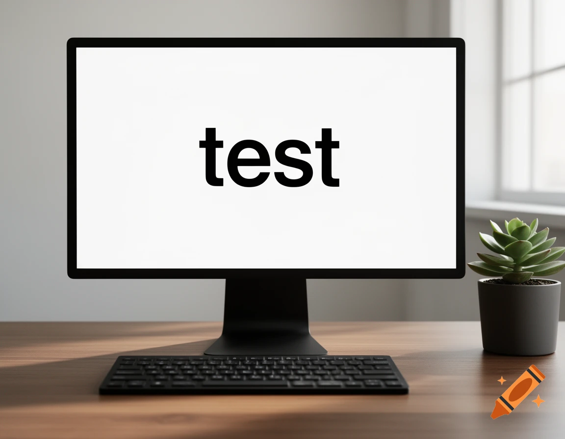 A modern computer monitor displaying the word 'test' on a white screen, with a black keyboard and a small succulent plant on a wooden desk.