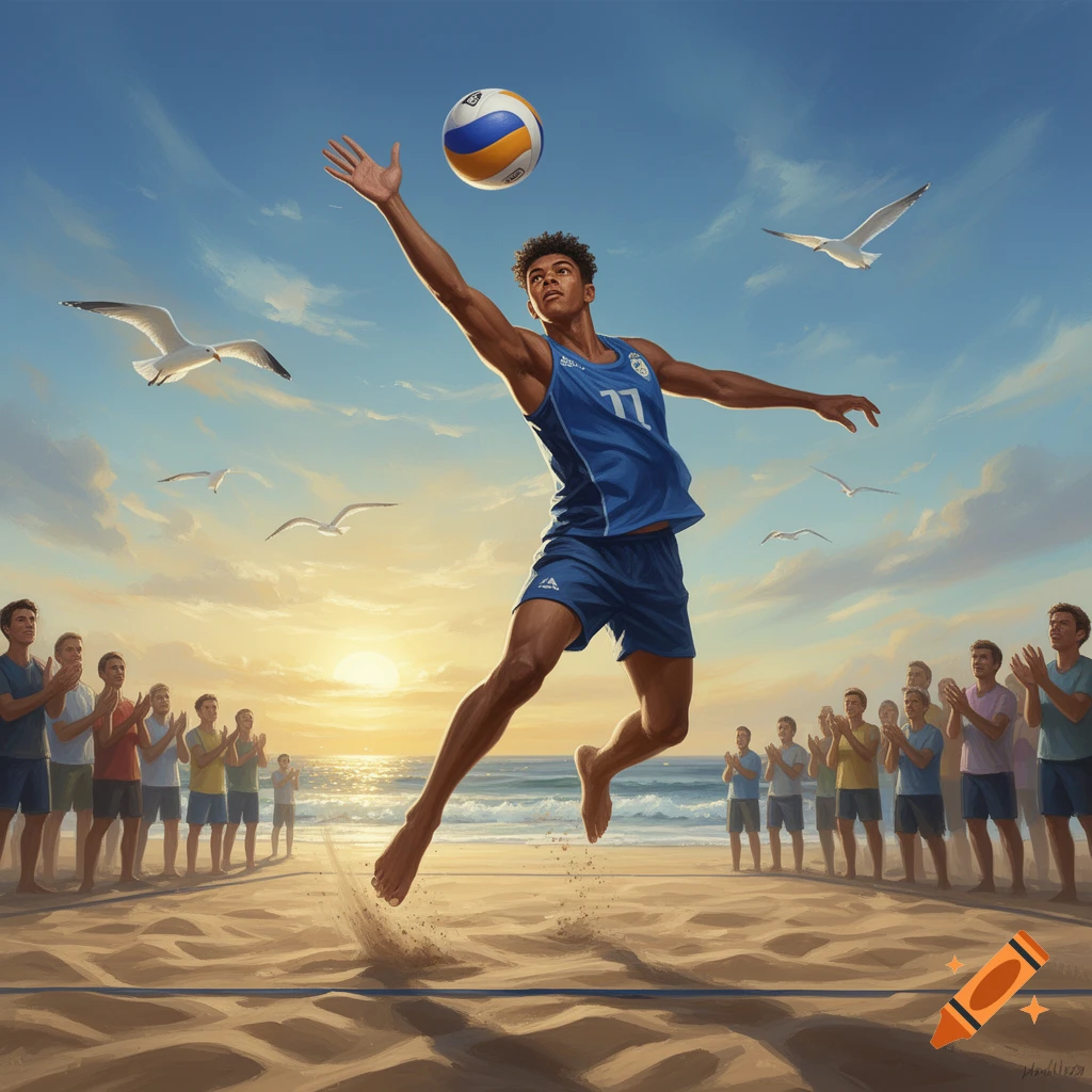 A male volleyball player jumps to spike a ball on a sunny beach court at sunset, with spectators and seagulls.