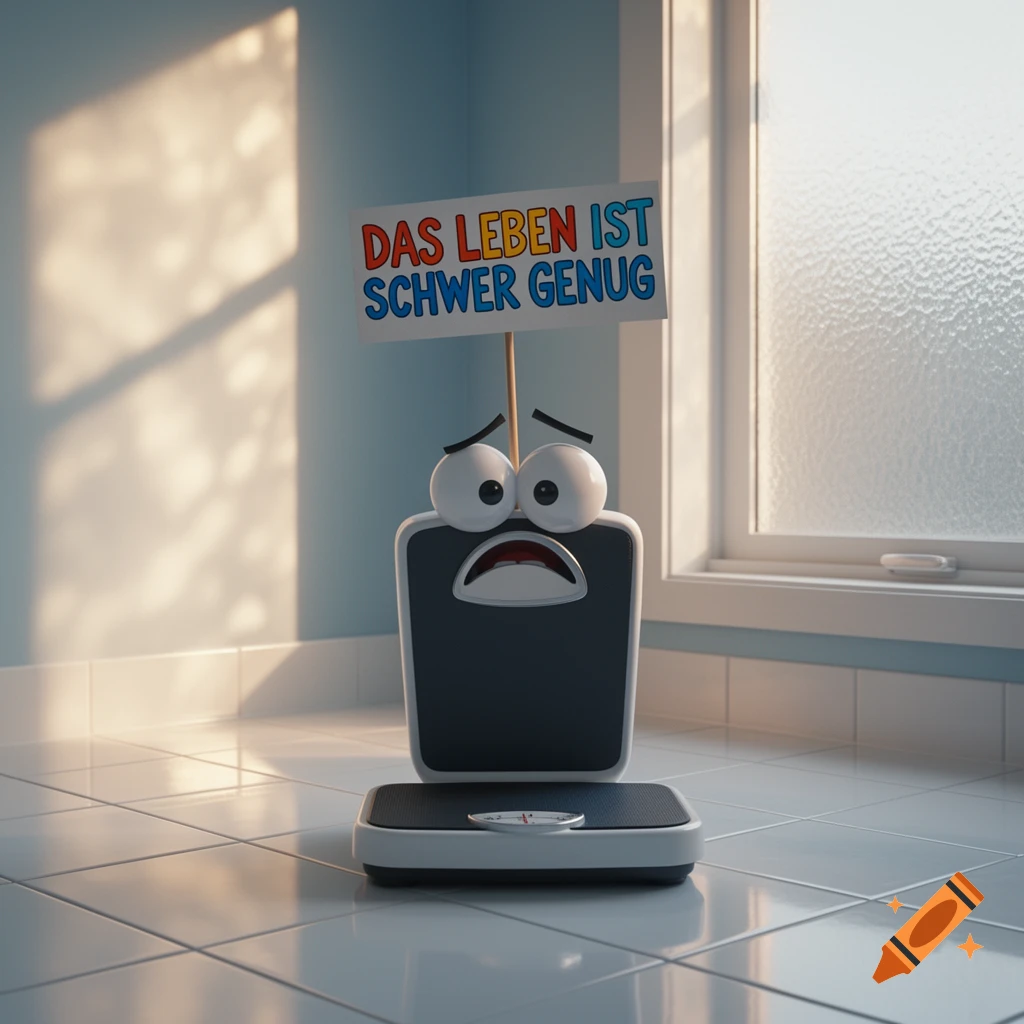 A sad, cartoon weighing scale with googly eyes holds a sign 'DAS LEBEN IST SCHWER GENUG' in a bathroom.