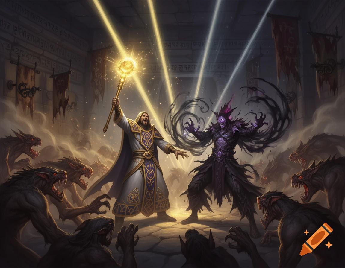 A glowing priest battles a dark warlock and monstrous creatures with red eyes in a shadowy dungeon.
