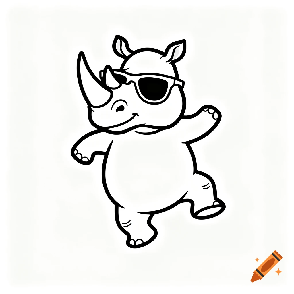 A black and white cartoon rhino wearing white sunglasses, dancing in a vector art style.