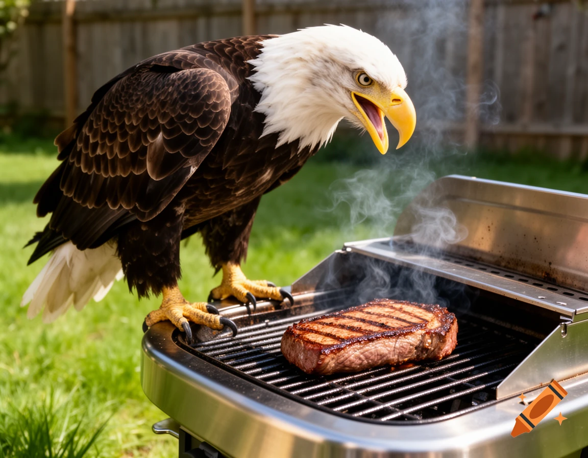 A bald eagle stands on a smoking grill in a grassy backyard, looking intently at a cooking steak with visible grill marks.