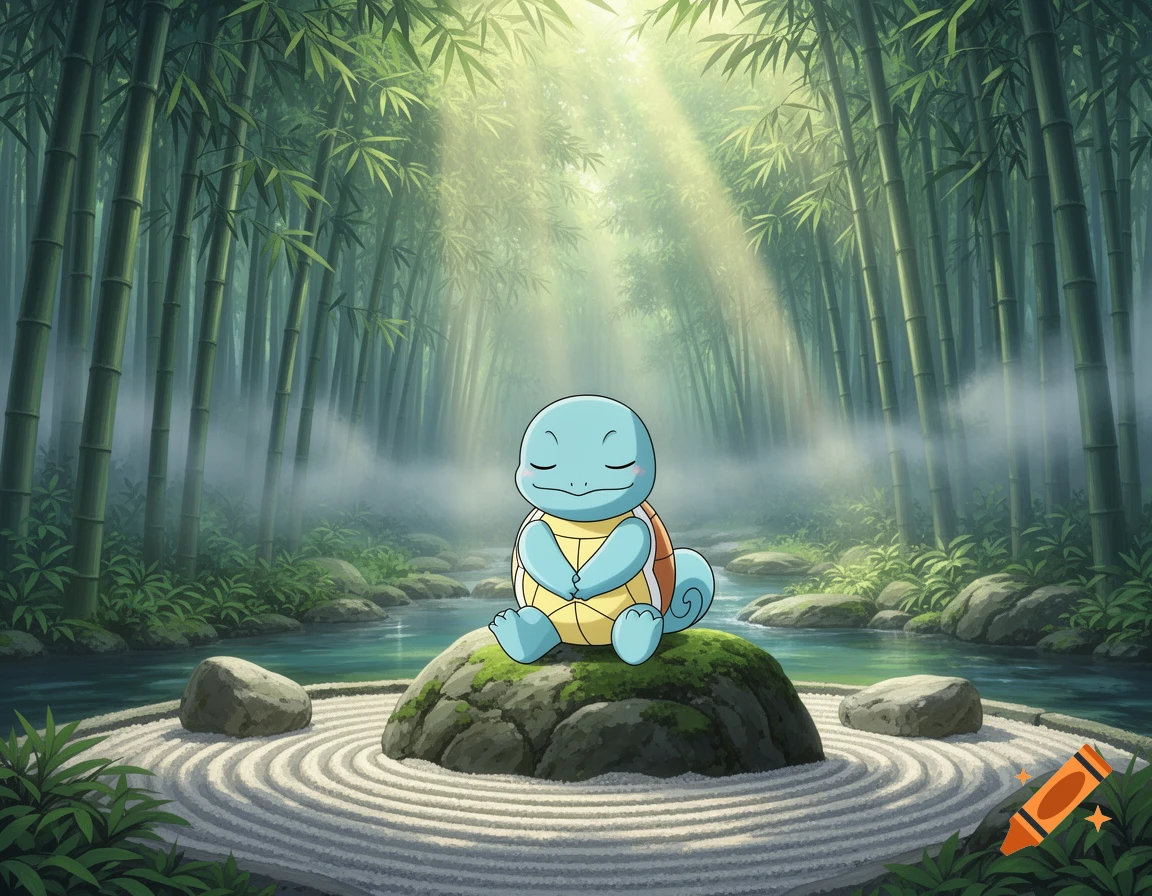 A cute Squirtle meditating on a mossy rock in a serene bamboo forest with a zen garden, stream, mist, and sunbeams, in an anime style.