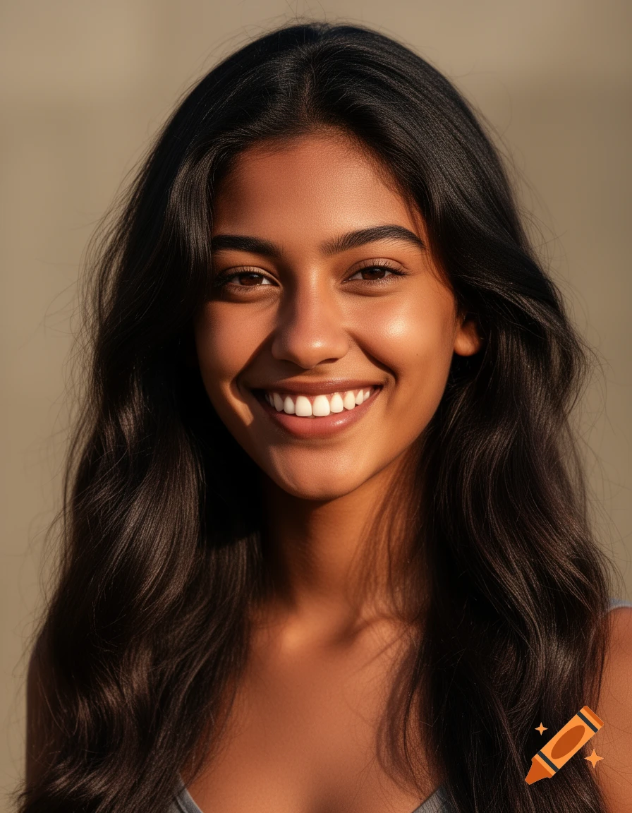 A smiling woman with long dark hair and tanned skin looks directly at the camera in a sunlit close-up portrait.
