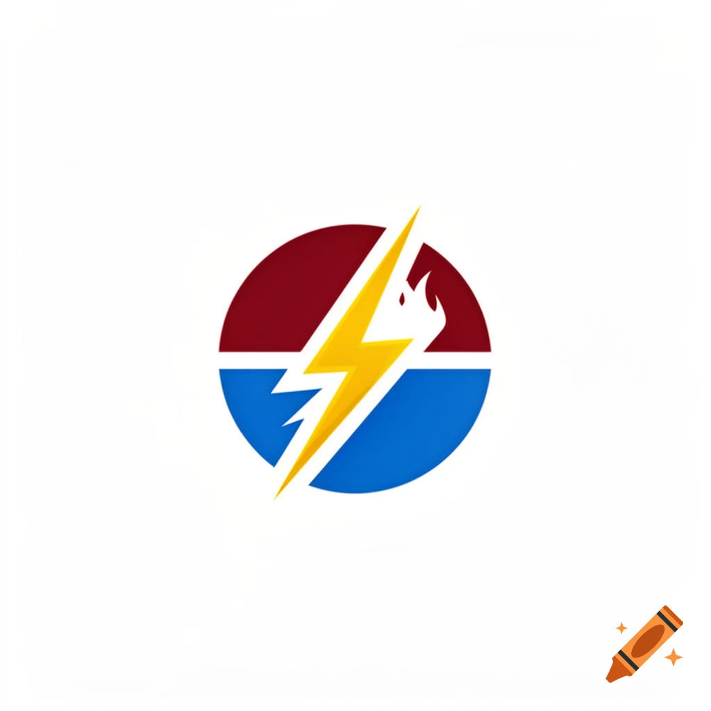 Stylized logo with a yellow lightning bolt and orange flame on a circular red and blue background.