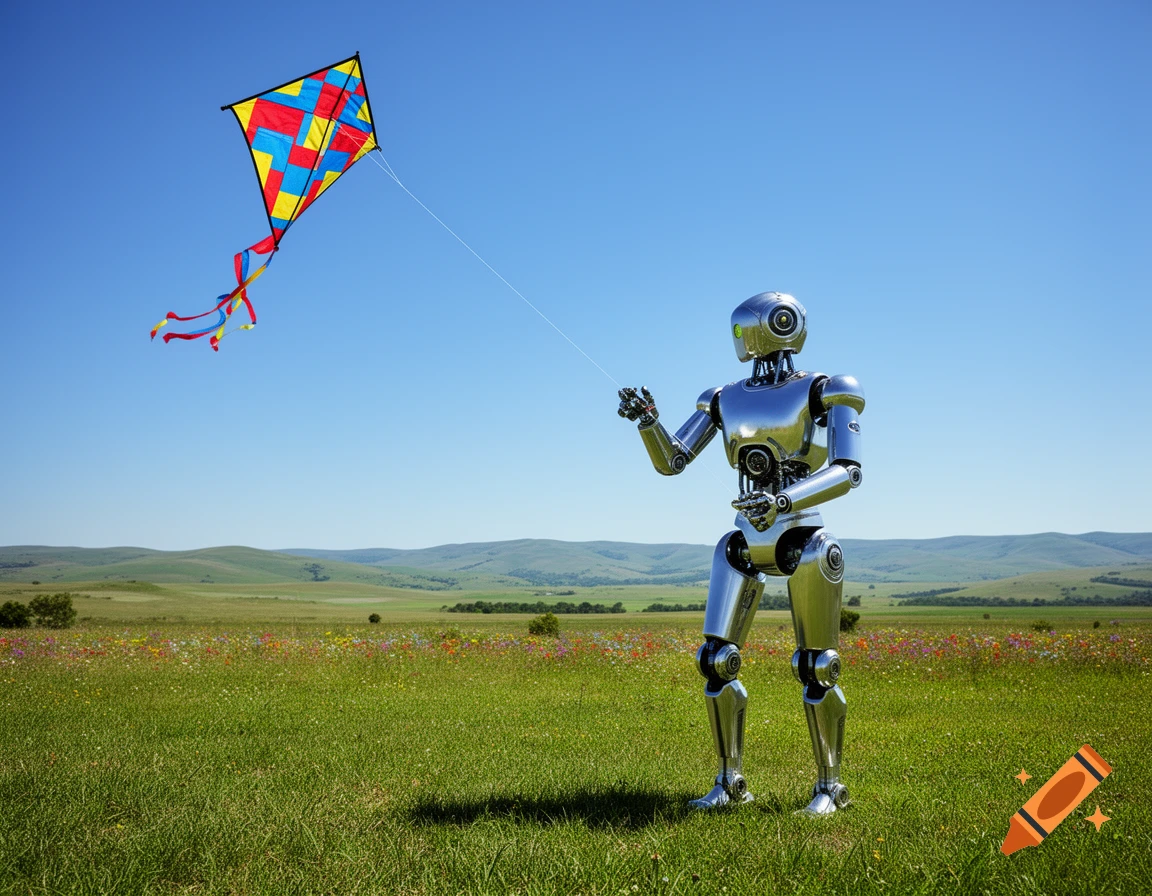 A shiny silver robot flies a colorful kite in a vast green field under a clear blue sky. Photorealistic.