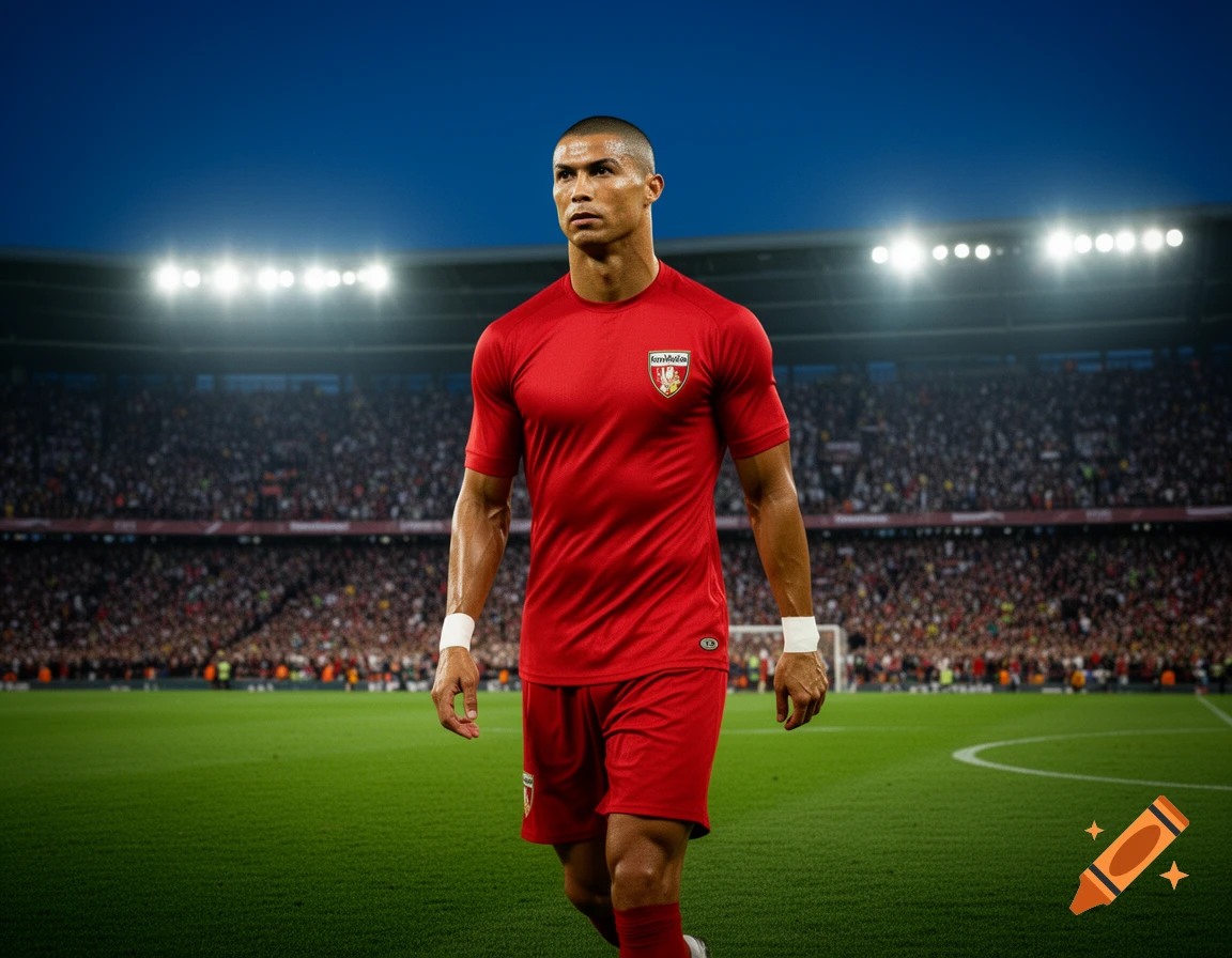 Photorealistic image of Cristiano Ronaldo in a red uniform, standing on a soccer field in a stadium at dusk.