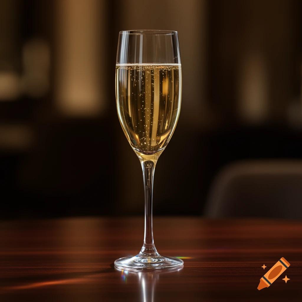 A photorealistic champagne flute filled with bubbly golden liquid on a glossy wooden table.