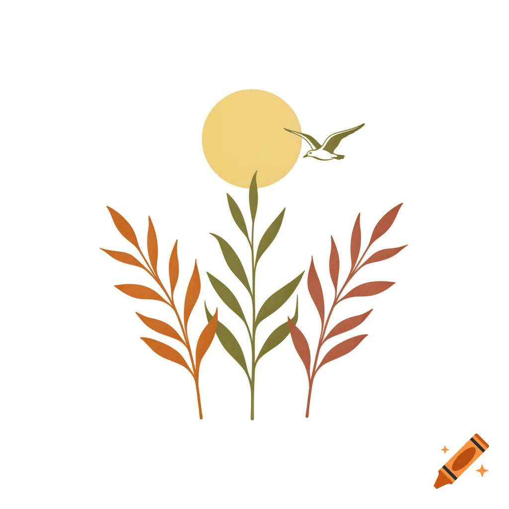 Boho minimalist vectorized illustration of three botanical stems under a golden yellow sun with a flying olive green seagull.