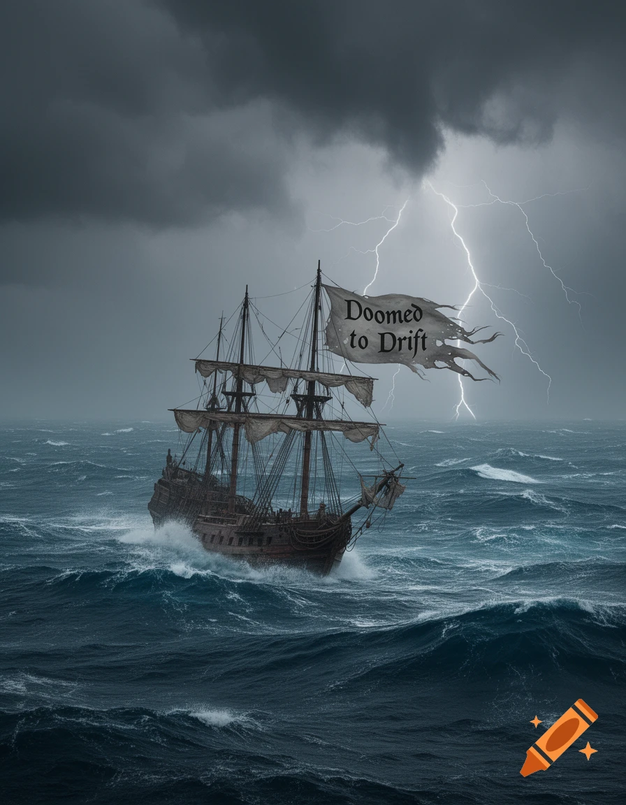 A majestic sailing ship with a tattered flag displaying 'Doomed to Drift' navigates through massive waves during a lightning storm at sea.