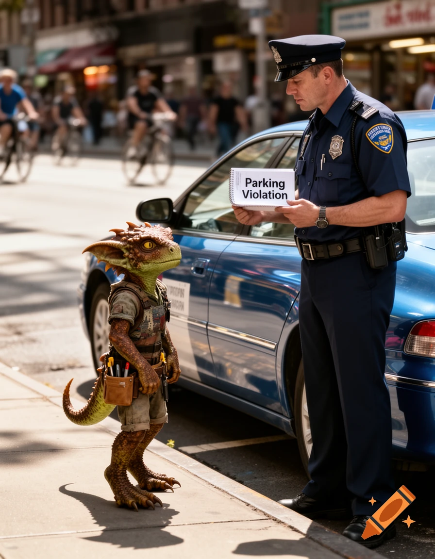 A photorealistic image of a police officer giving a parking violation ticket to a small, green, reptilian kobold on a city sidewalk.