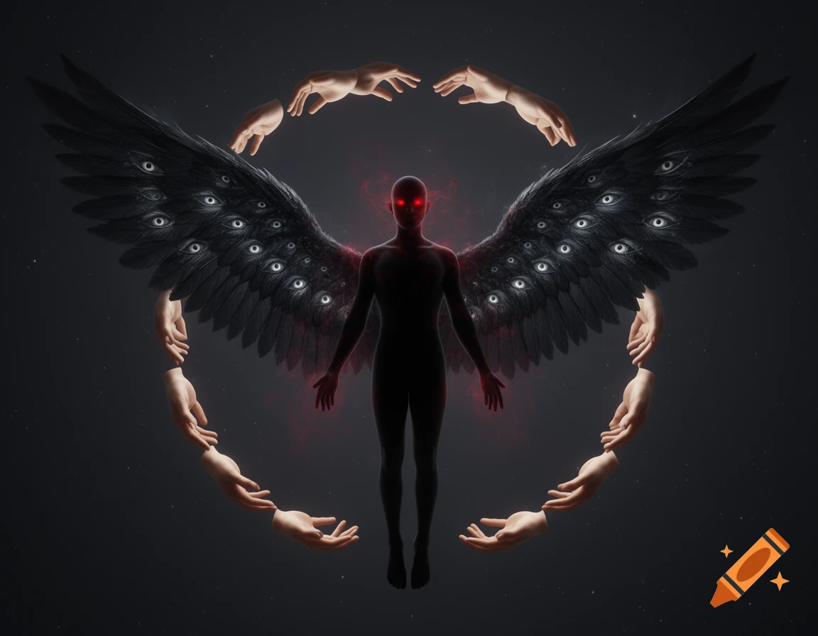 A dark, winged celestial figure with many eyes on its wings, glowing red eyes, surrounded by levitating hands.