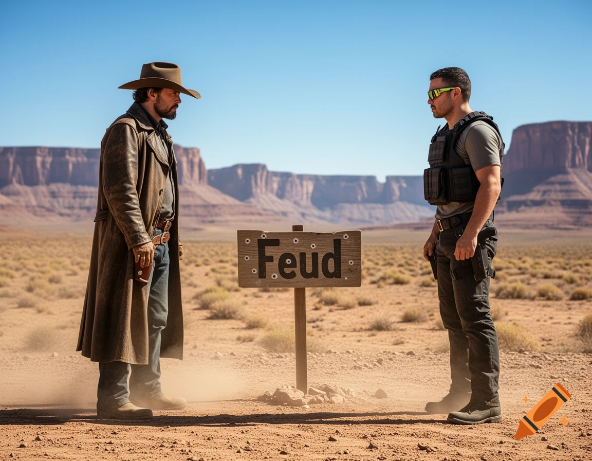 A cowboy and a man in tactical gear face each other in a vast desert landscape, separated by a wooden sign reading 'Feud'.
