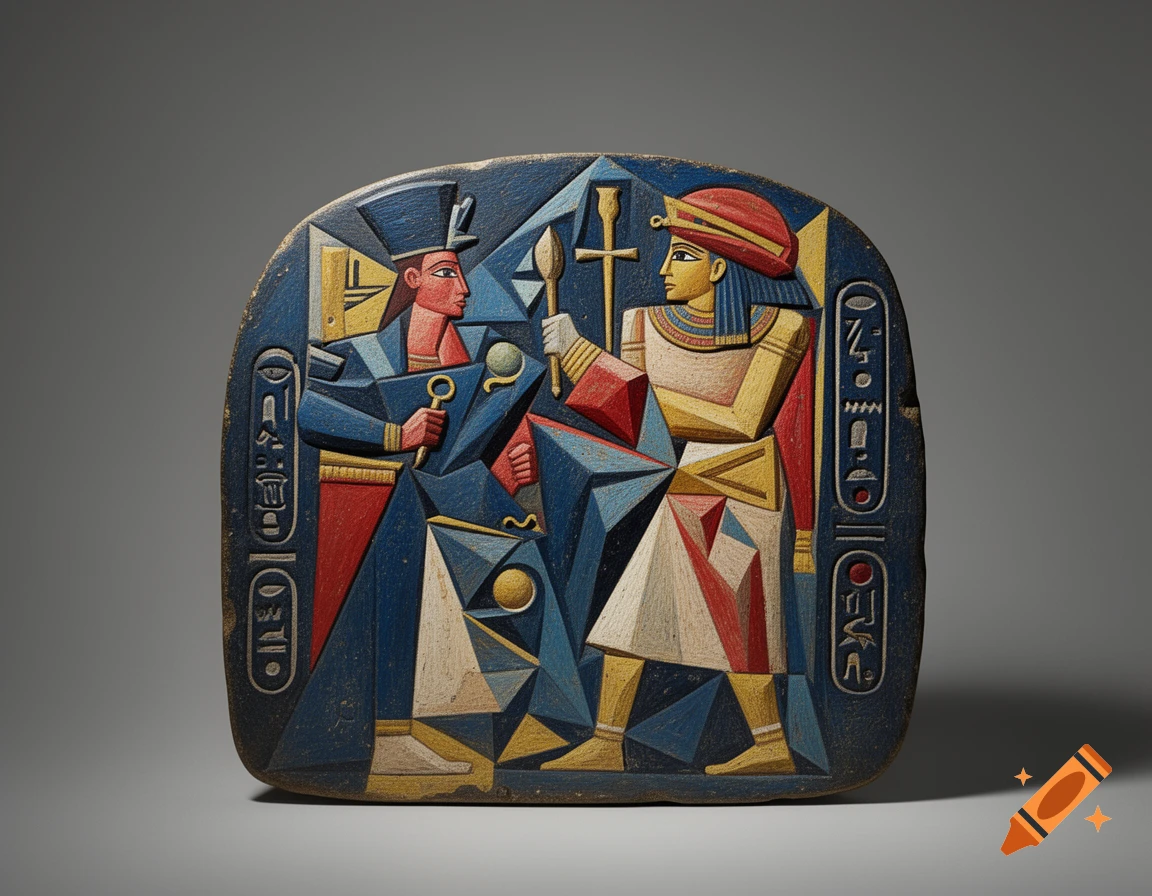 A cubist relief carving resembling the Narmer Palette, featuring two stylized Egyptian figures in profile, adorned with bold geometric shapes in blue, red, and gold.