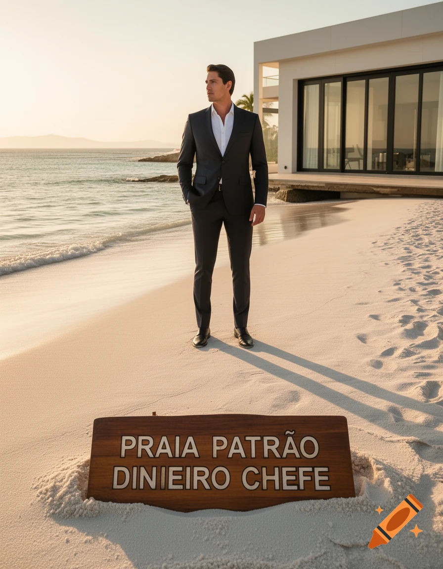 A man in a suit stands on a sandy beach in front of a modern house, with a sign in the sand.