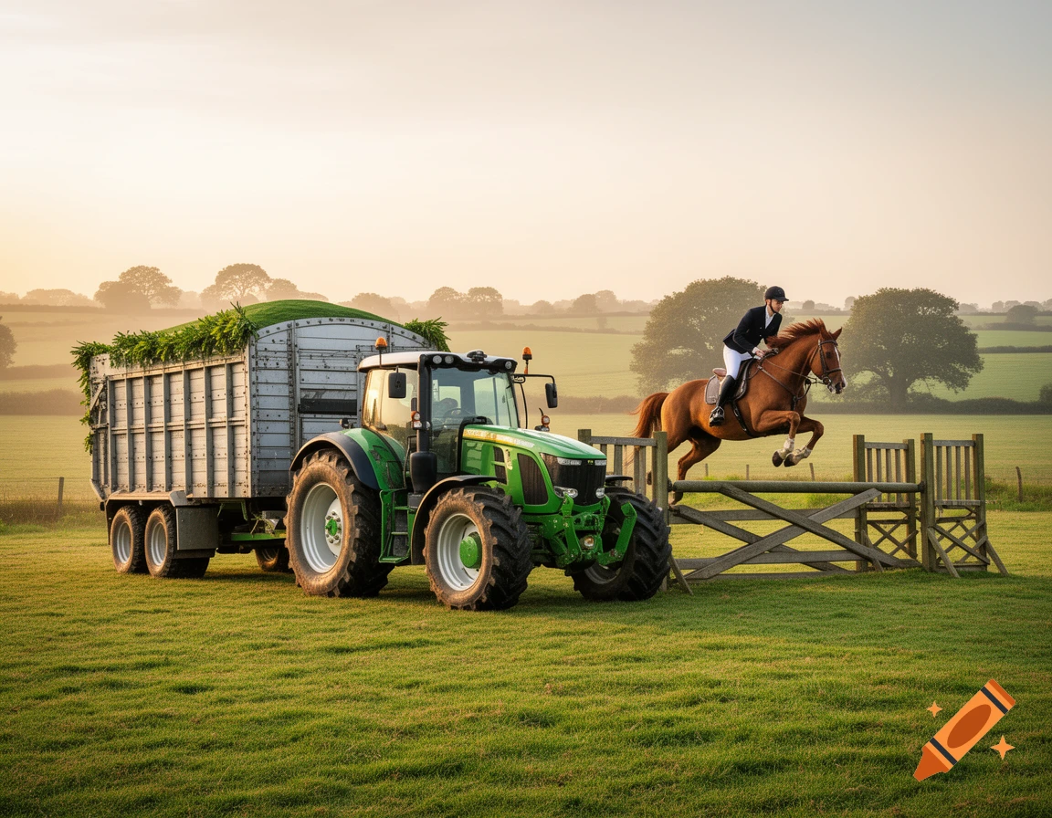 A green tractor with a filled silver trailer is parked in a lush field as a person on a brown horse jumps over a wooden fence nearby.
