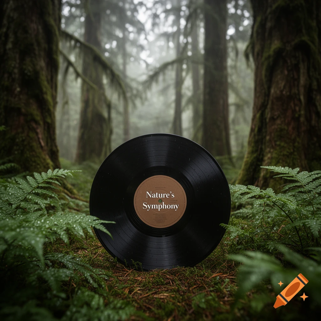 A vinyl record with "Nature's Symphony" on its label stands upright in a lush, misty forest among dew-covered ferns.