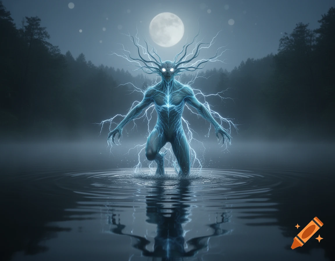 An electric blue humanoid monster with glowing eyes rises from dark water, surrounded by lightning, under a full moon with a misty forest.