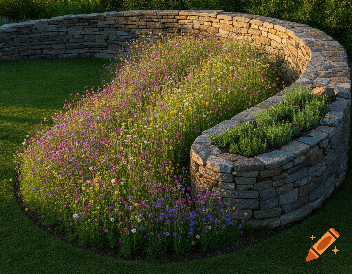 A winding stone wall forms a garden bed filled with colorful wildflowers, with another smaller stone planter holding herbs. Photorealistic.