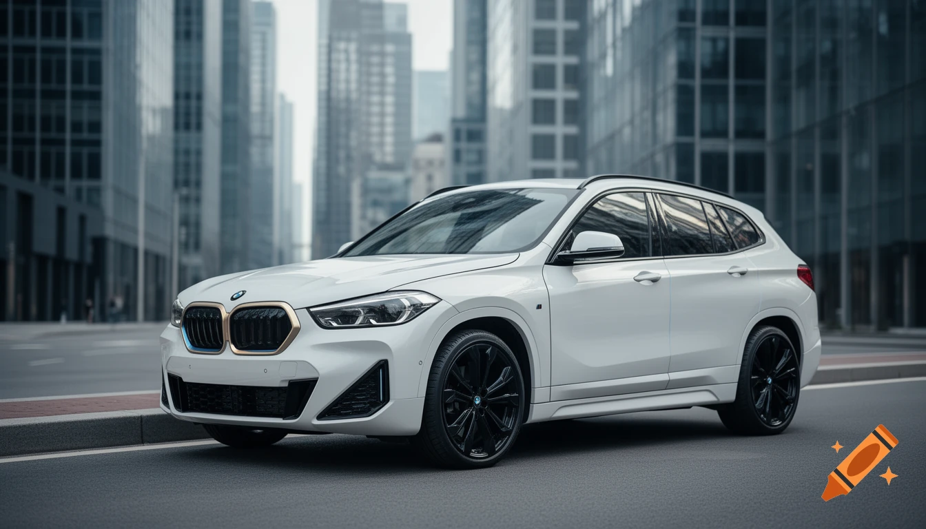 A white BMW iX1 SUV with black wheels parked on a modern city street with tall buildings in the background, photorealistic.