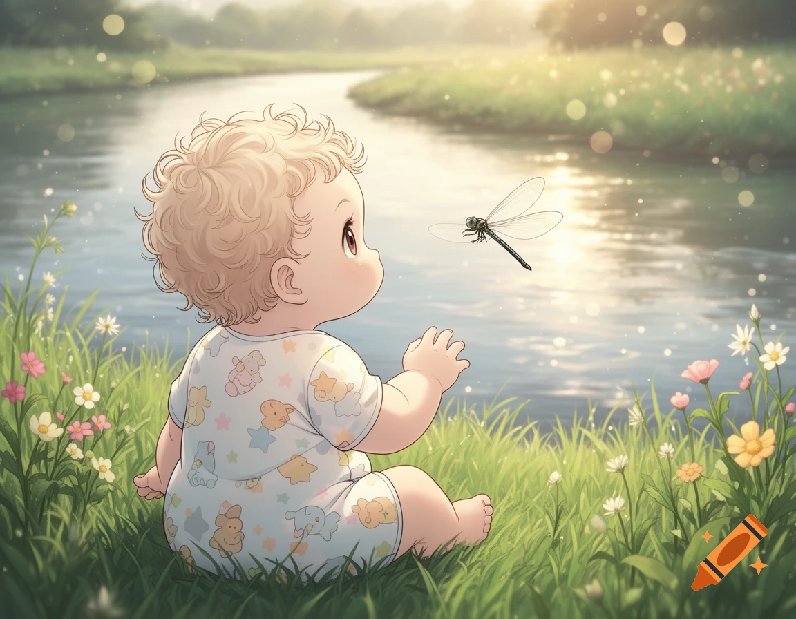 Illustrated baby with curly hair sits in grass by a river, watching a dragonfly.
