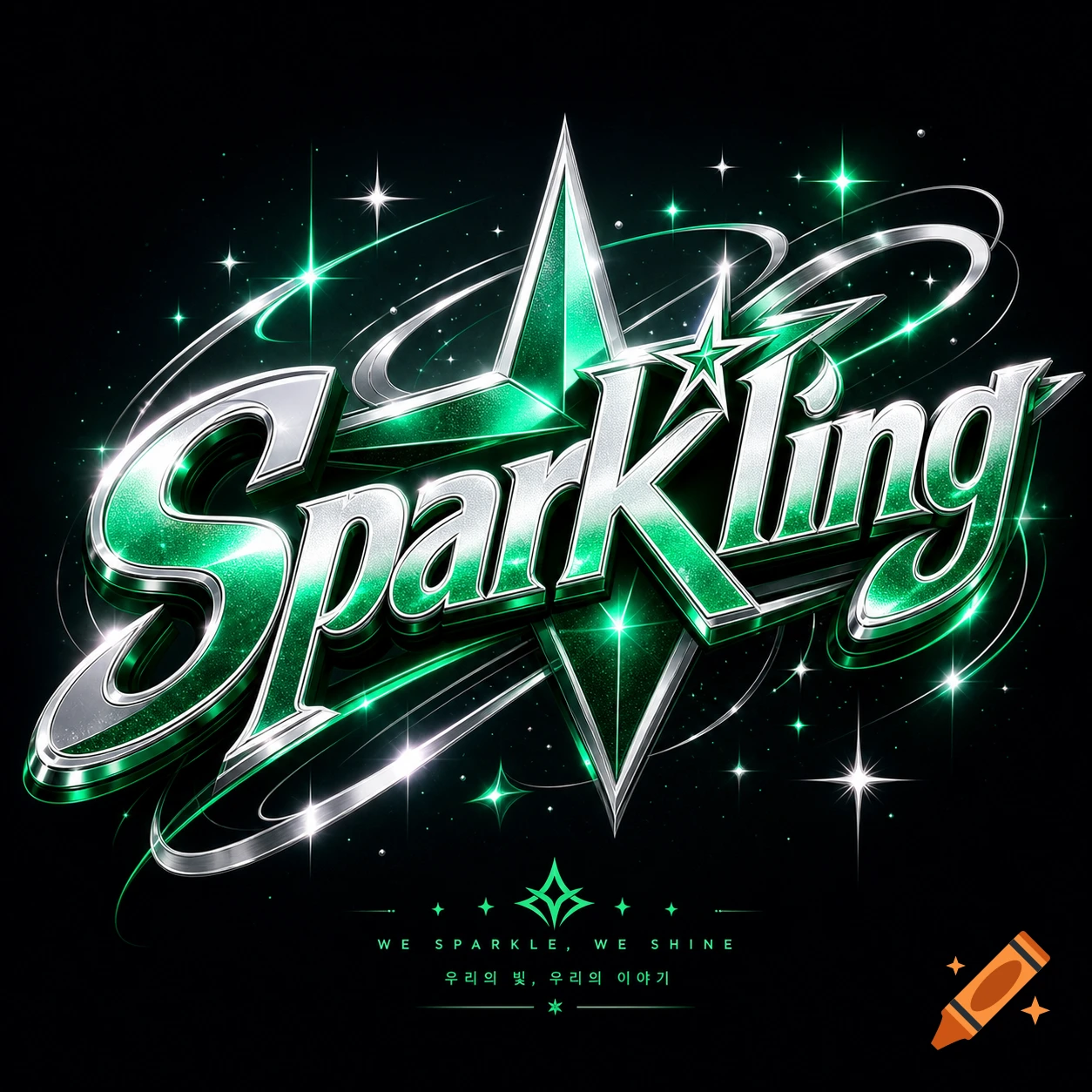 Sparkling green and silver 3D logo with stars and metallic accents on a black background, featuring the word 'Sparkling'.