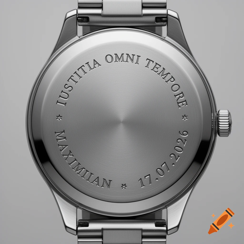Photorealistic close-up of the engraved back of a brushed stainless steel wristwatch with the inscription 'Iustitia omni tempore * Maximilian * 17.07.2026'.