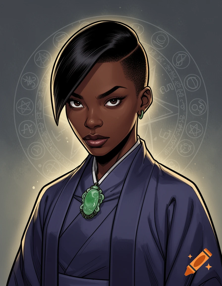 Comic art portrait of a dark-skinned woman with an undercut hairstyle, wearing a blue robe and a jade brooch, with glowing arcane symbols behind her.