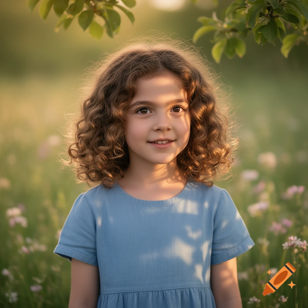 A young girl with curly hair smiles in a sunlit field with green leaves and wildflowers.
