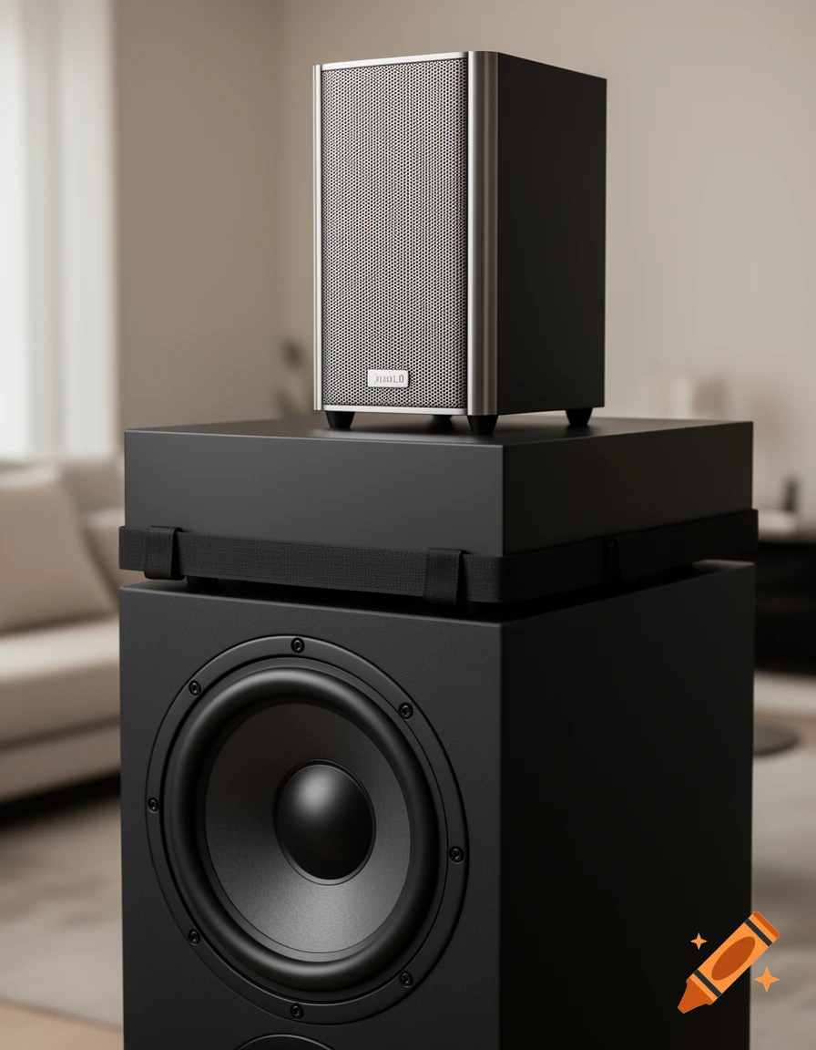 A black subwoofer with a riser box on top, topped by a smaller silver and black speaker with a mesh grille.