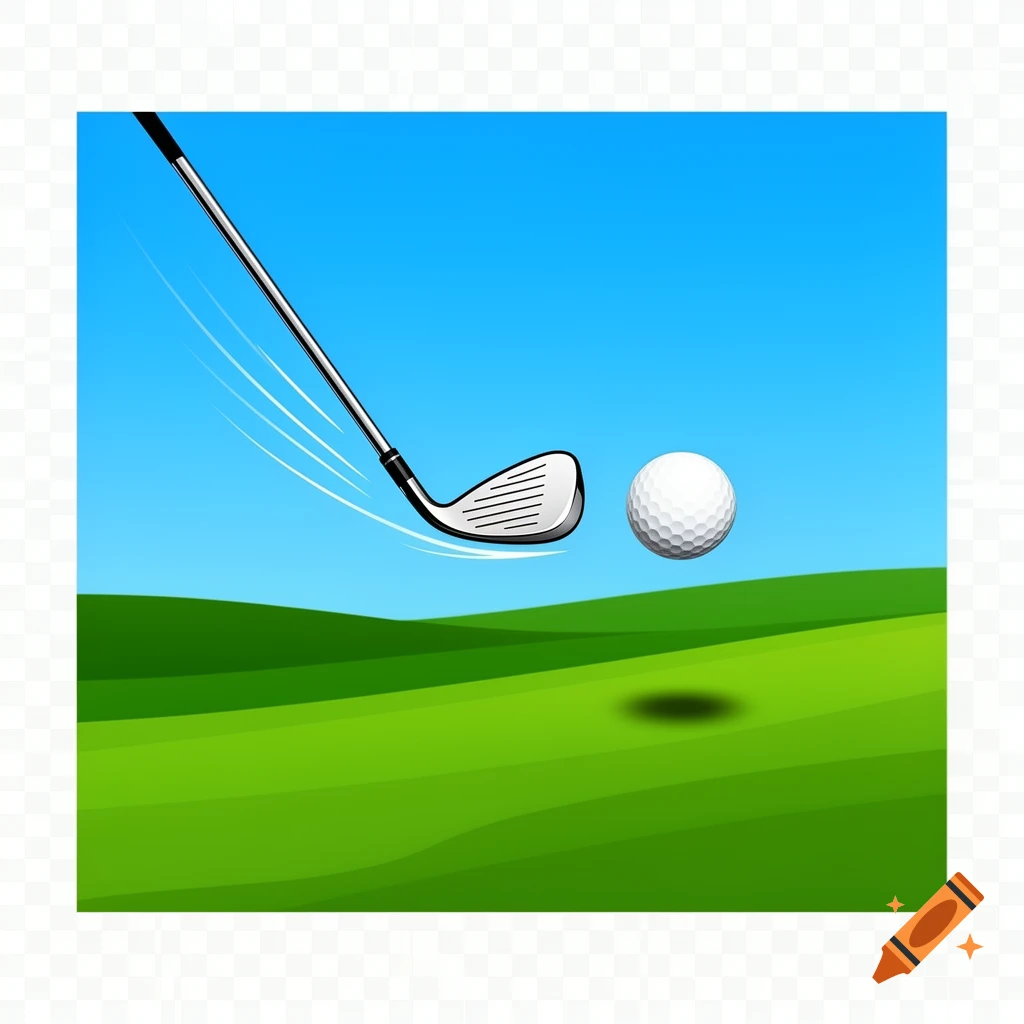 A golf club swings to hit a golf ball over a green course under a blue sky, in a vibrant clipart style.