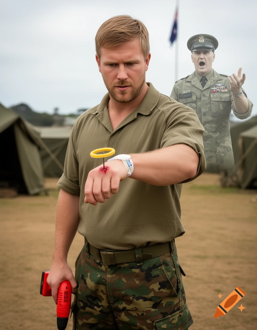 A man in a military-style shirt and camouflage pants holds a red drill, looking down at his hand which has a bloody hole and a yellow ring. A translucent military officer yells in the background.