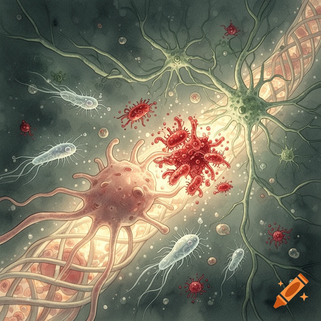 Watercolor illustration of various microorganisms, including large cells, red virus-like particles, and white bacteria-like organisms, glowing against a dark background.