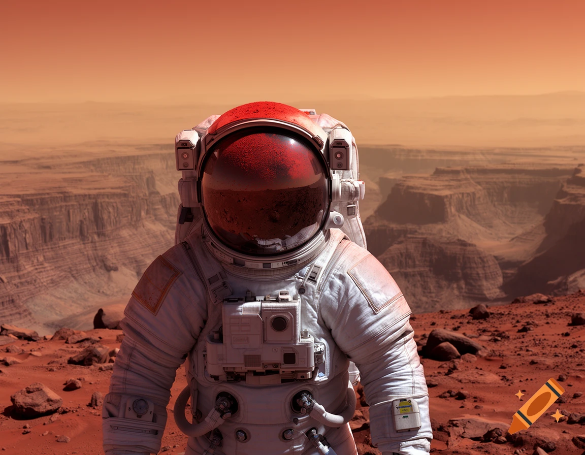 An astronaut in a white suit stands on the red, rocky surface of Mars, with canyons and a hazy horizon in the background.