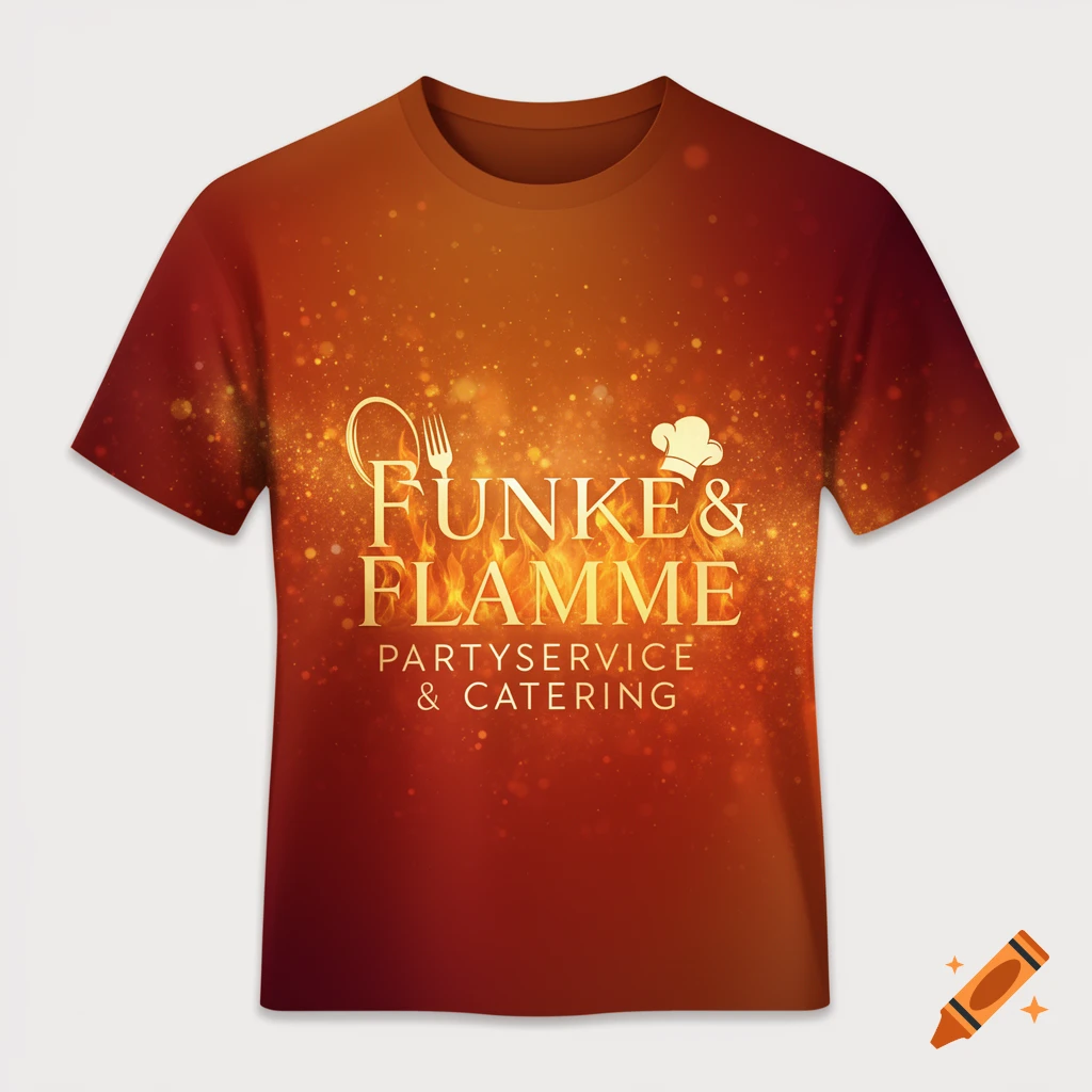 Red and orange T-shirt with a gold logo for 'Funke & Flamme Partyservice & Catering' featuring a fork, knife, and chef's hat against a fiery background.