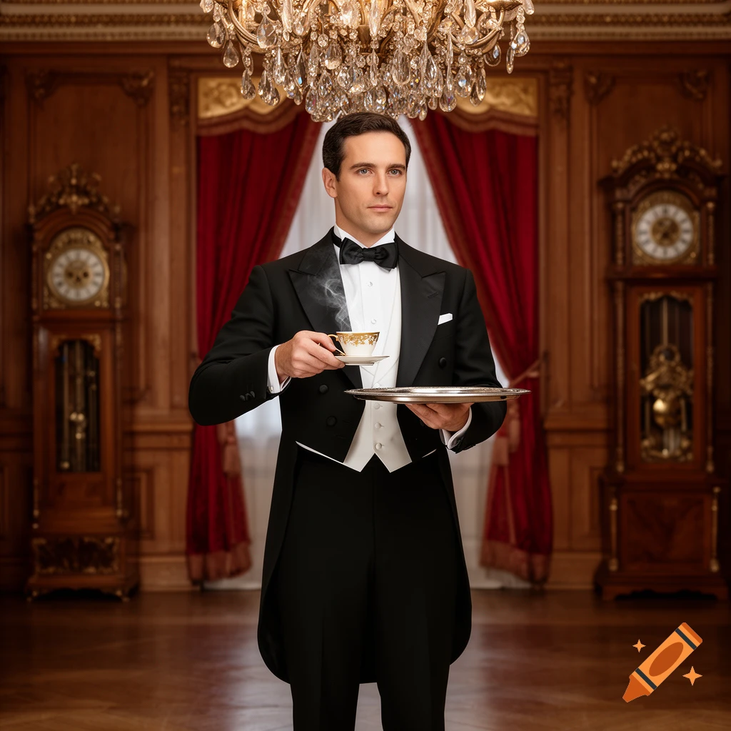 A butler in a black tailcoat and white waistcoat holds a teacup and tray in a grand, ornate room.