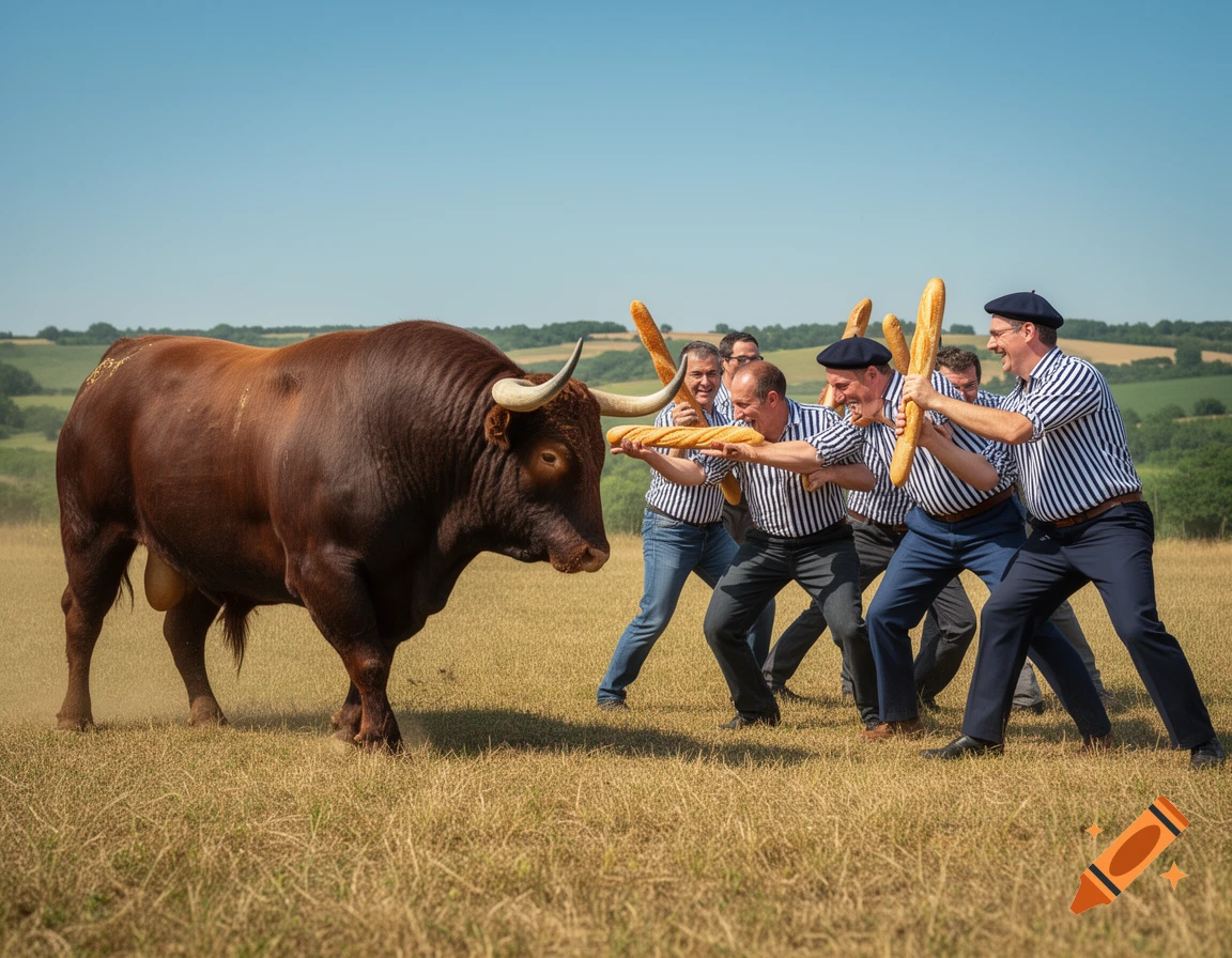 A large brown bull faces several men in striped shirts and berets, who are comically armed with baguettes in a grassy field.