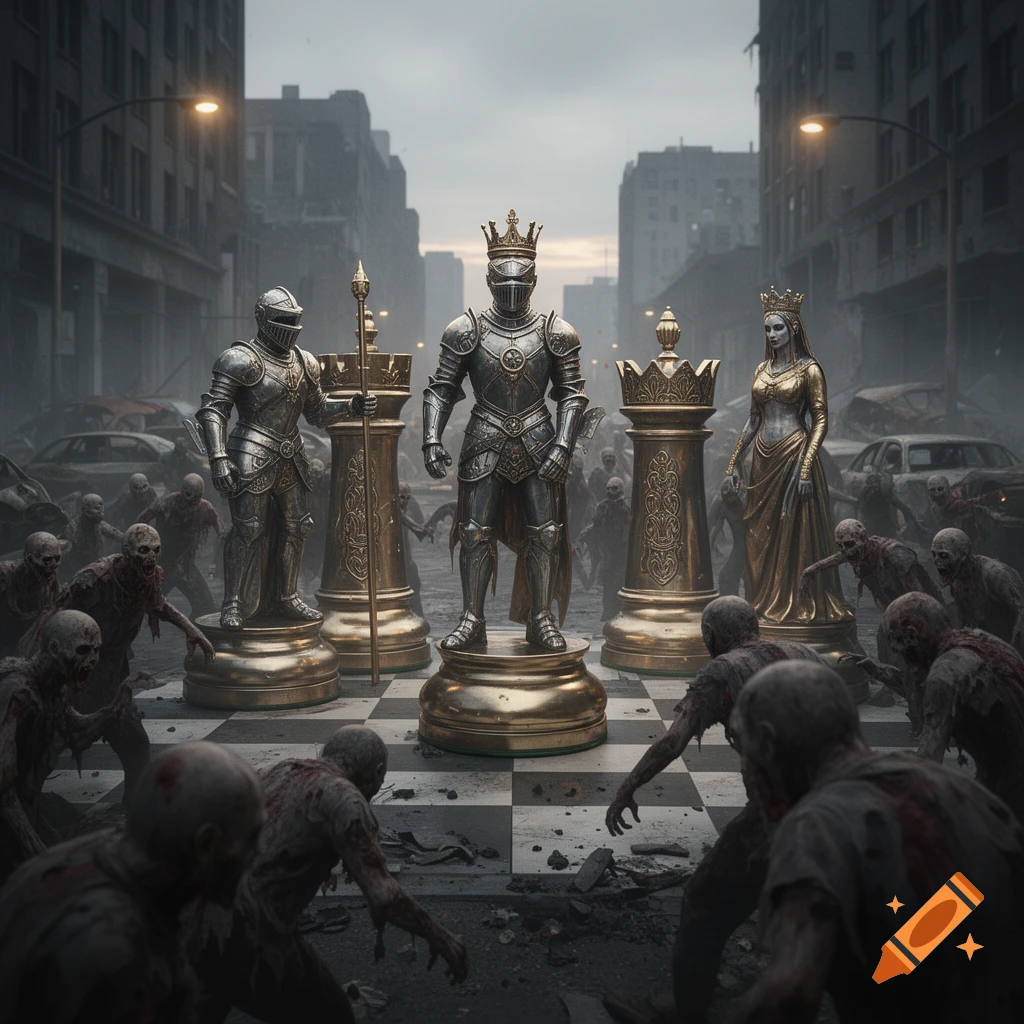 Giant armored chess pieces, including a knight and queen, stand on a chessboard in a ruined city overrun by zombies.