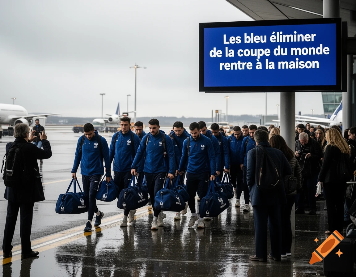 Male football players in blue tracksuits walk across a wet airport tarmac with duffel bags, past a large screen displaying French text.