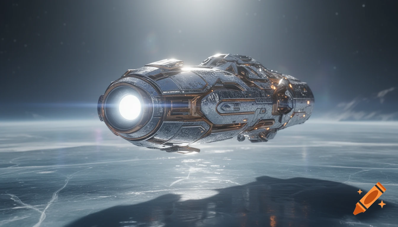 A hyper-detailed, metallic sci-fi spacecraft with a glowing thermal eye hovers above a cracked, icy lake surface.