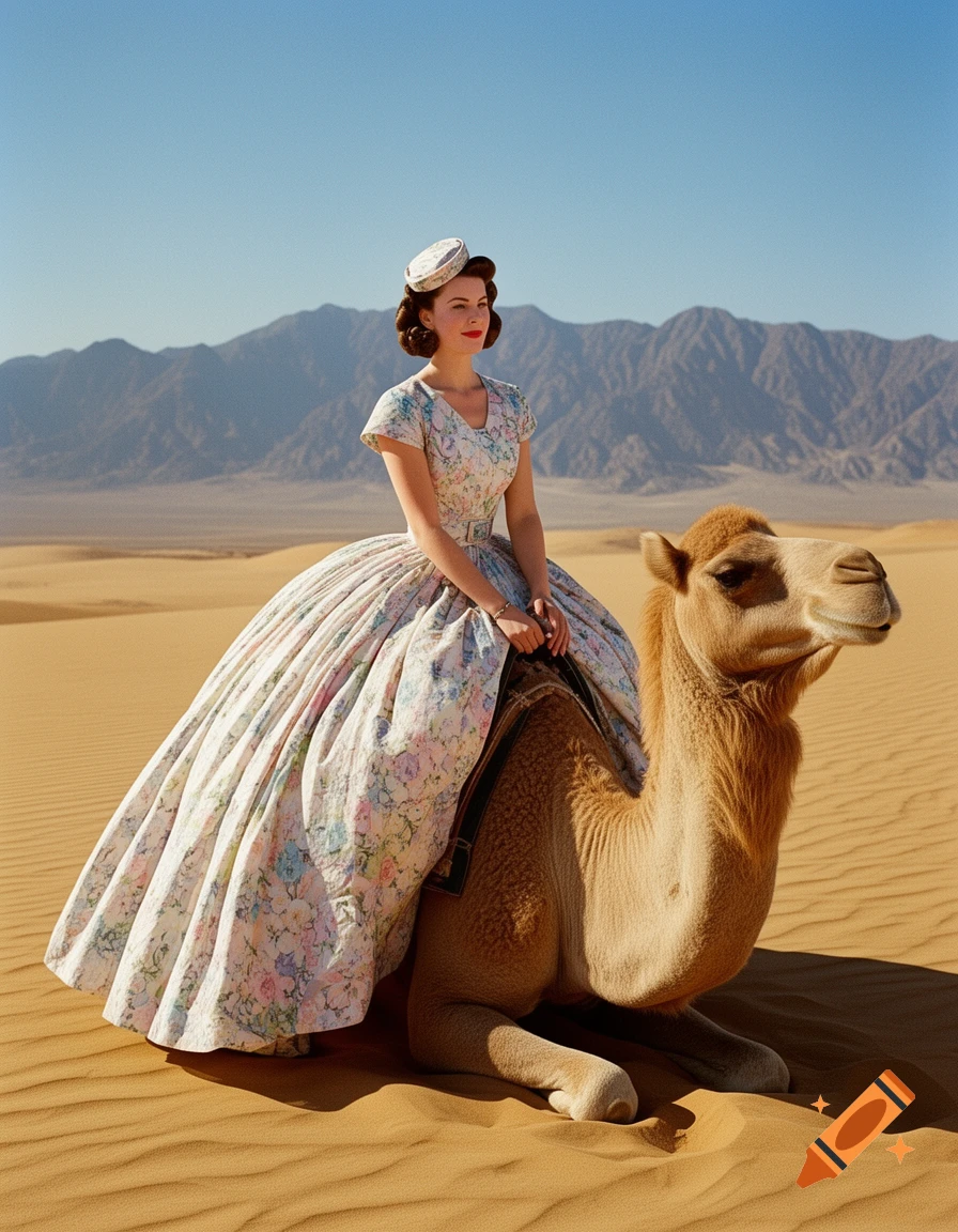 A woman in a voluminous 1950s floral dress sits atop a kneeling camel in a sunlit desert with mountains.