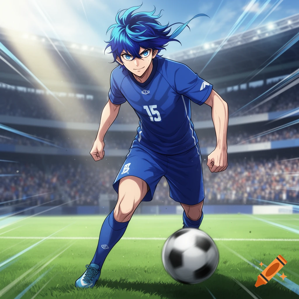 Anime male soccer player with blue hair and eyes, wearing a blue jersey with '15', dribbling a soccer ball in a stadium.
