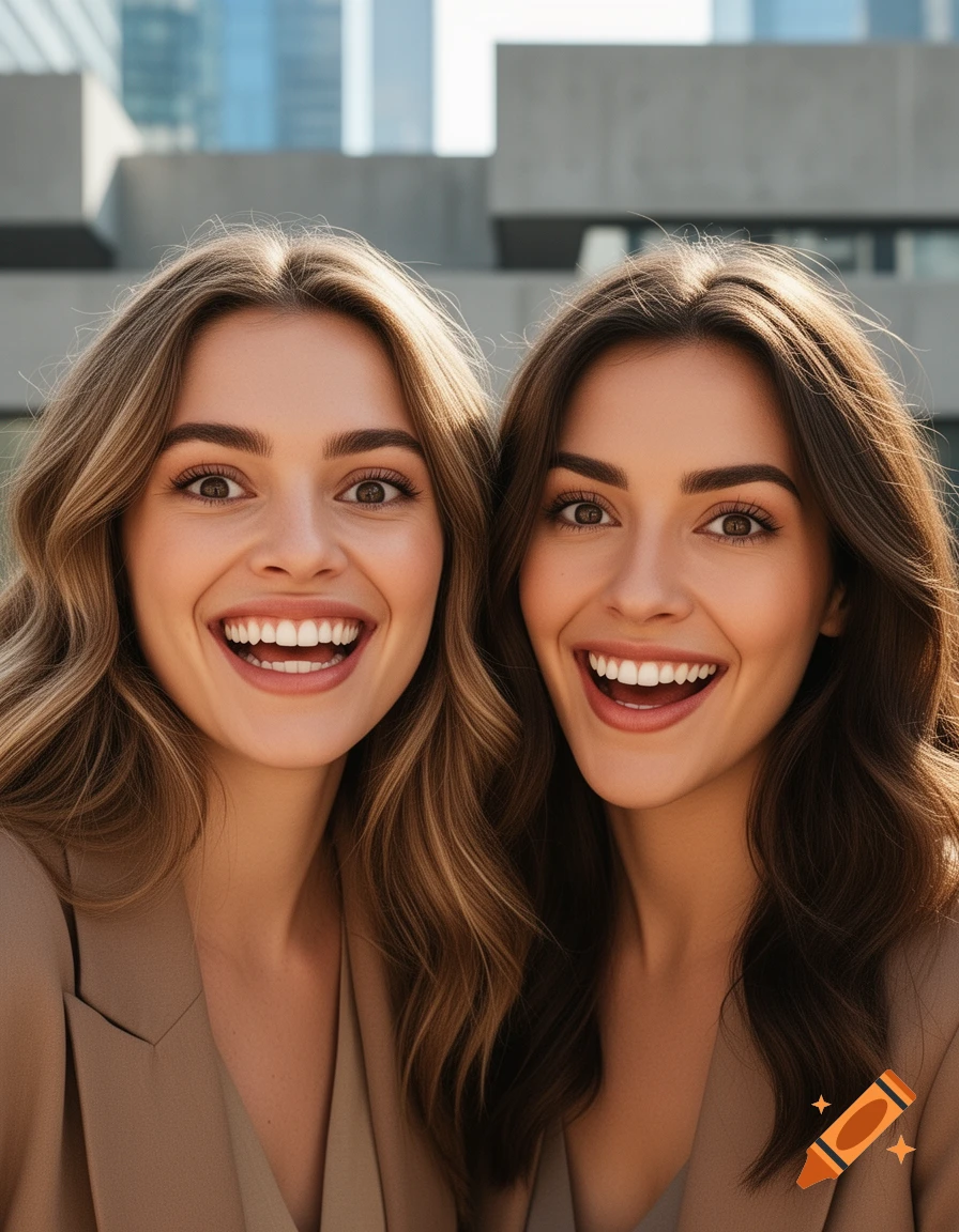 Two attractive Caucasian women with wide smiles and open eyes, wearing beige blazers, against a city backdrop.