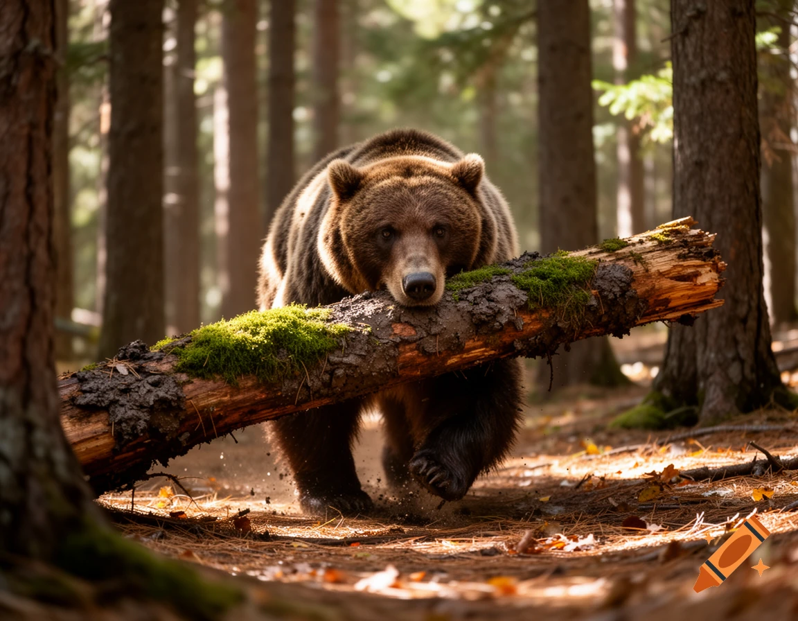 A photorealistic brown bear carries a moss-covered log through a sun-dappled forest.