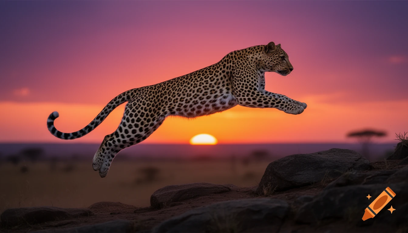 A majestic leopard leaps across the frame against a vibrant orange and purple sunset in a savanna landscape.